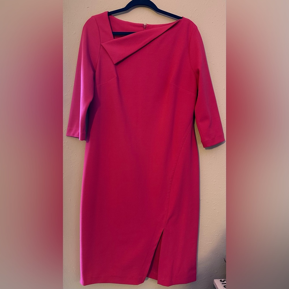 Calvin Klein Sheath Dress - Envelope Neck - 3/4 Sleeve - Front Slit - Fuchia